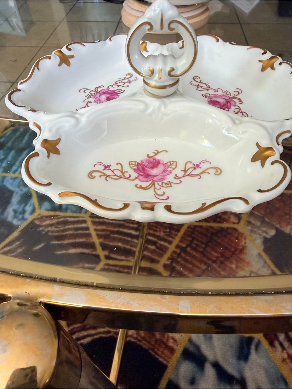 Porcelain Two-Tier Serving Dish with Pink Rose and Gold Trim